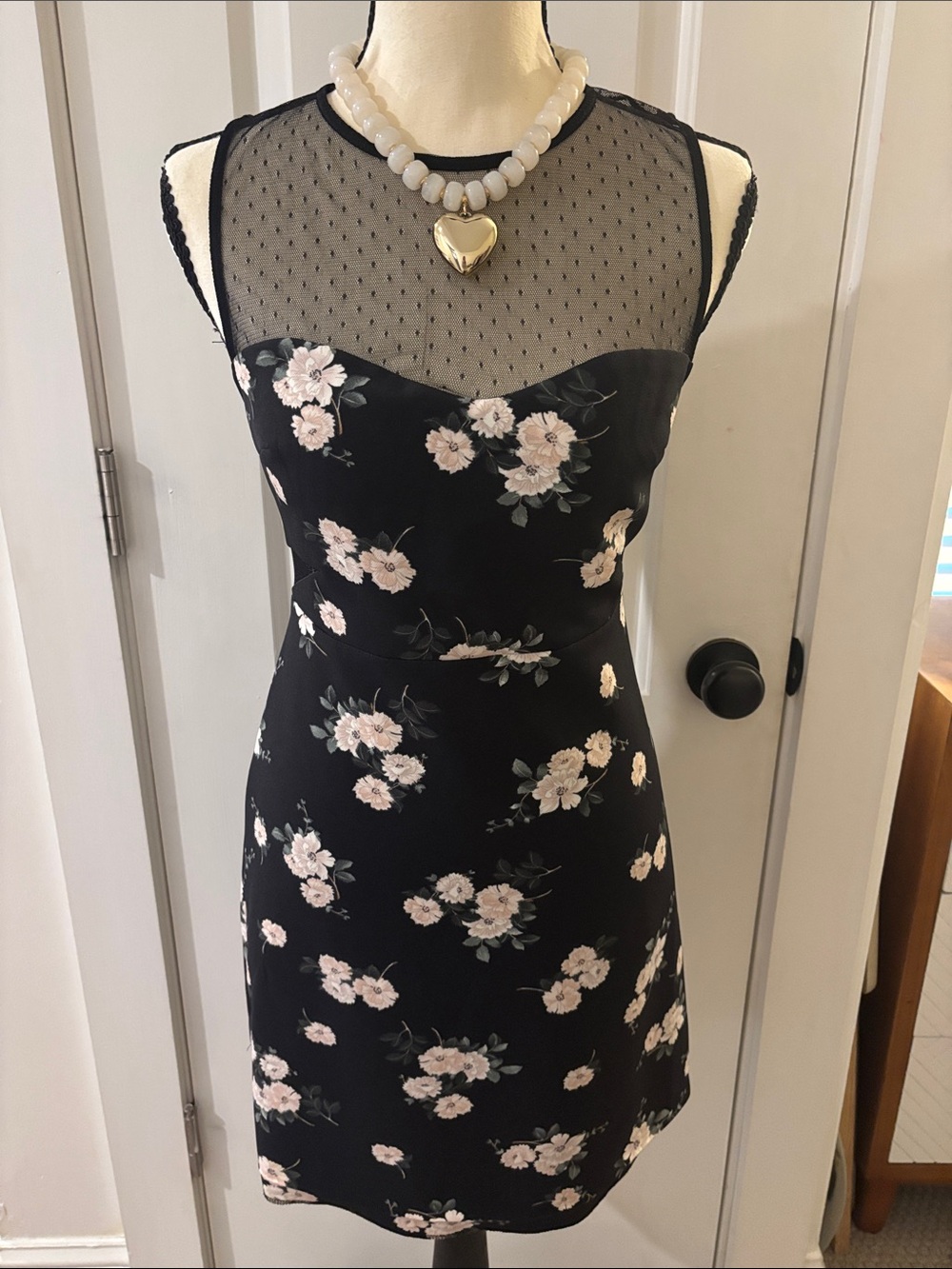 Express Black Mini Dress with Pink Floral Print and Mesh Yoke